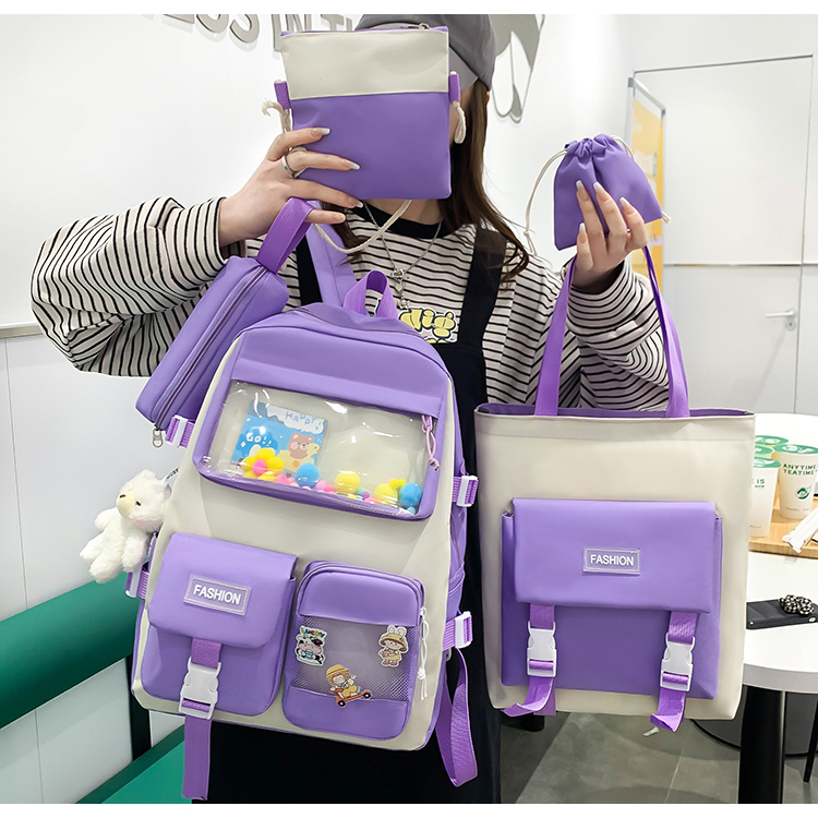 Fashion high quality school   bag five piece backpack set school bag girls schoolbags lovely college style BACKPACK SET